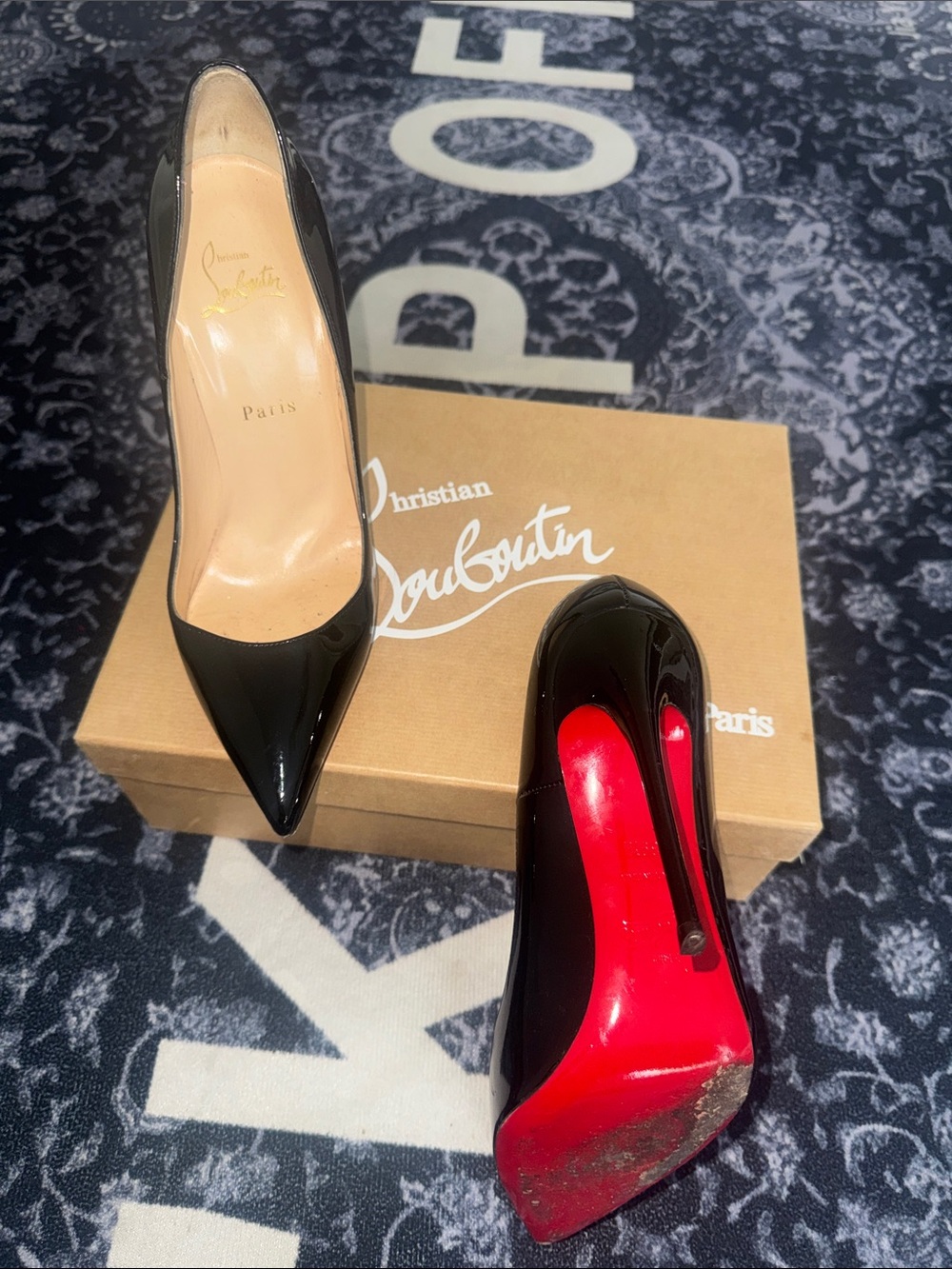 Christian Louboutin Black Patent Pointed Toe Pumps with Red Soles